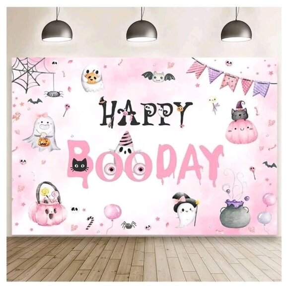 MEHOFOND Halloween Happy Birthday Backdrop for Girls Pink Happy Booday - Picture 1 of 8